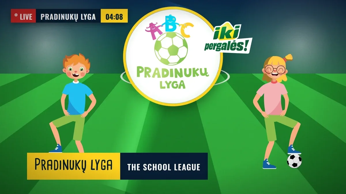Pradinukų lyga website with illustrated football players, a goal and trophy on notebook paper